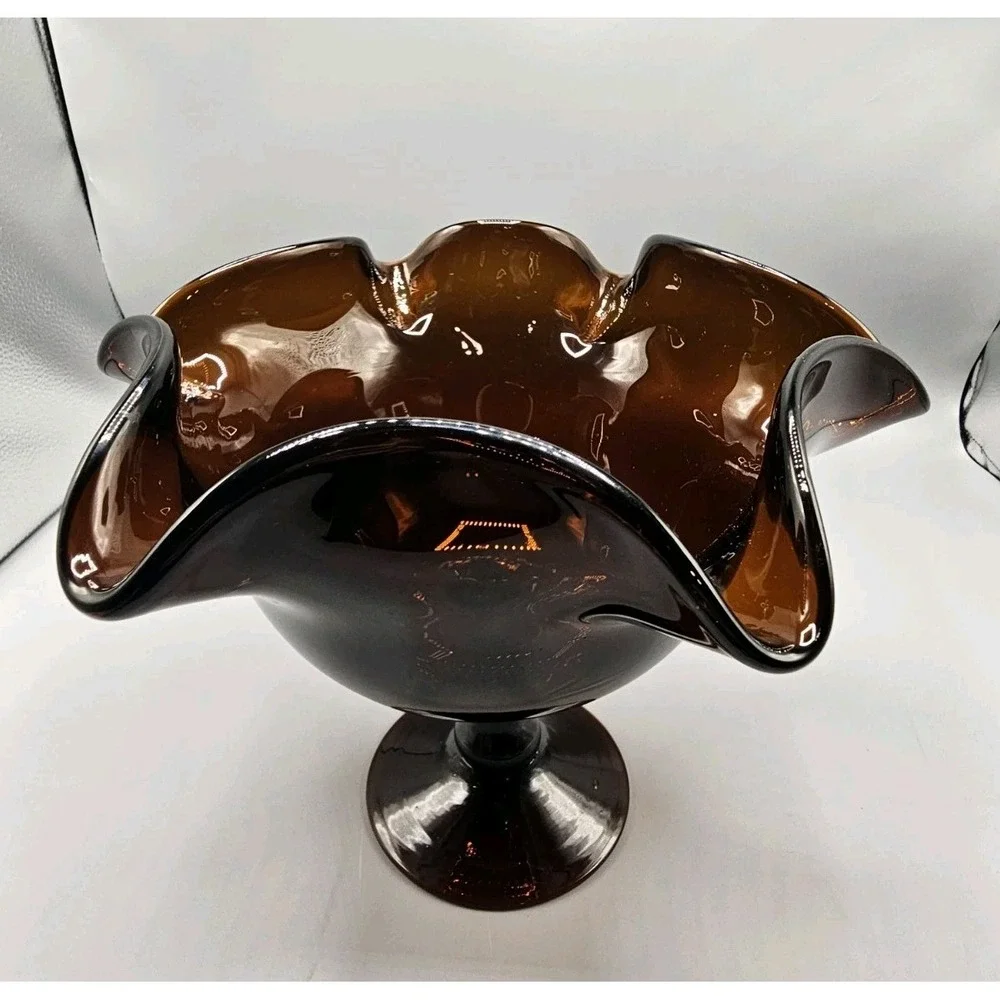 Vintage‎ Large Rootbeer Glass Compote Vase Ruffled Edges Large 9